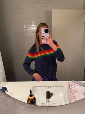 Aviator Nation Navy Crewneck with Rainbow Chest Stripes